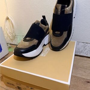 Michael Kors Black and Gold Elastic Strap Slip-On Sneakers Size 9